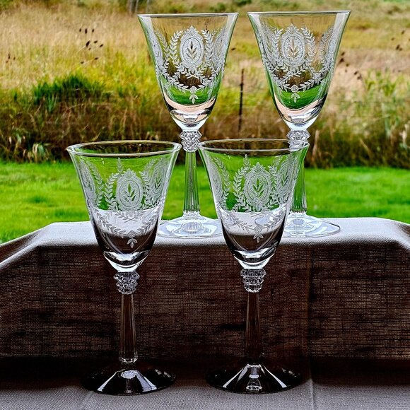 4 Fostoria Lenox Water Glasses 8" etched Laurel Elegant Glass crystal medallion - Picture 4 of 10